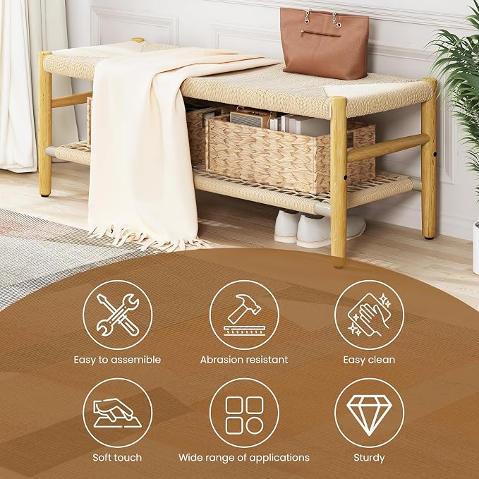 Recaceik Indoor Entryway Bench with Paper Cord Ottoman & Grid Storage Rack and 2 Baskets, Mid-Century Long Bench with Rubber Wood Legs, French Vanity End Bed Bench for Bedroom Living Room Channel