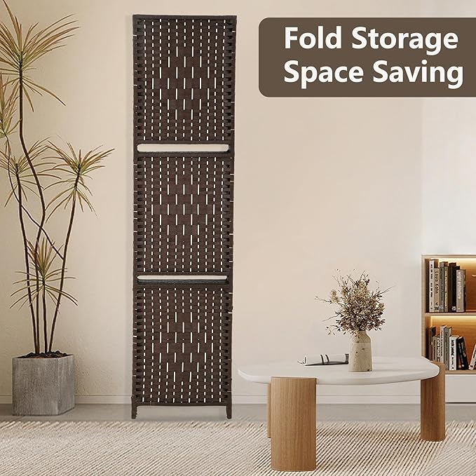PayLessHere Room Divider Room Screen Divider Wooden Screen Folding Portable Partition Screen Wood with Removable Storage Shelves (Brown, 6 Panel)