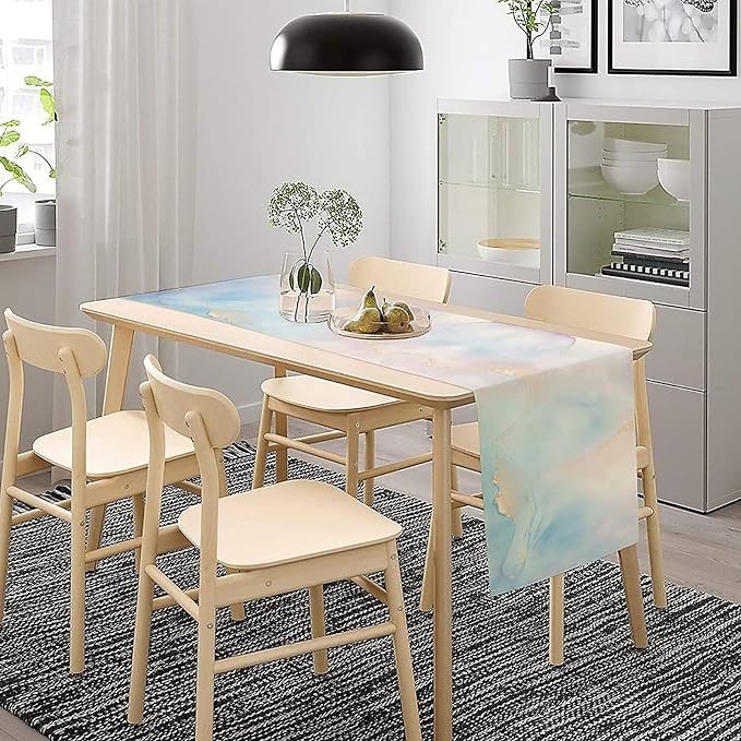 Watercolor Marble Table Runner, Dreamy Blue Pink Cloud Textured Modern Decoration Table Runner for Kitchen Dining Home Party Birthday Wedding, 13x108 Inch