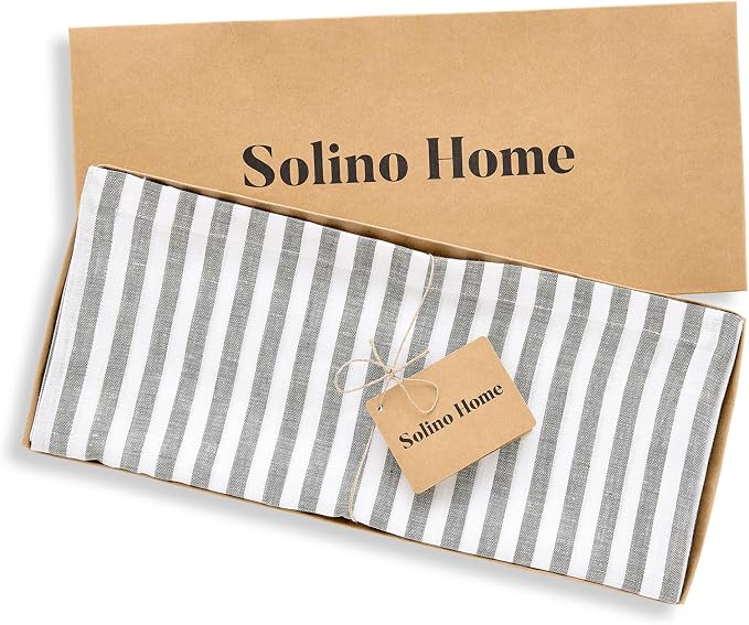 Solino Home Table Runner 60 Inches - Amalfi Stripe 100% Pure Linen Grey and White Table Runner 14 x 60 Inch Ideal for Dresser and Coffee Tables, Summer