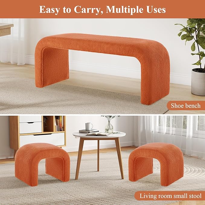 3-Piece Modern Ottoman Bench Set, 44" Wide Teddy Upholstered End of Bed Bench with 2 Foot Stools, Padded U-Shaped Entry Bench Vanity Stool for Living Room Bedroom (Orange)
