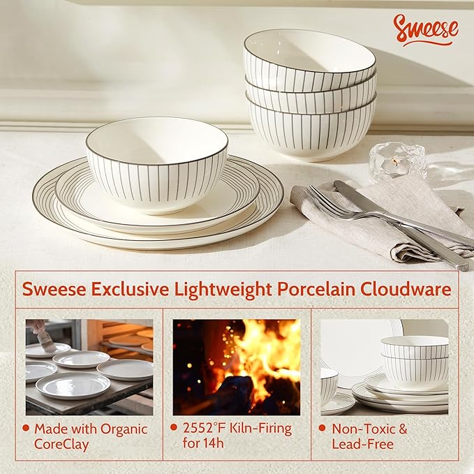 Sweese Lightweight Dinnerware Sets, Plates and Bowls Set for 6, 18 Pieces Stripe Dishes - Chip and Scratch Resistant, Microwave and Dishwasher Safe Porcelain Dinner Sets, Gray