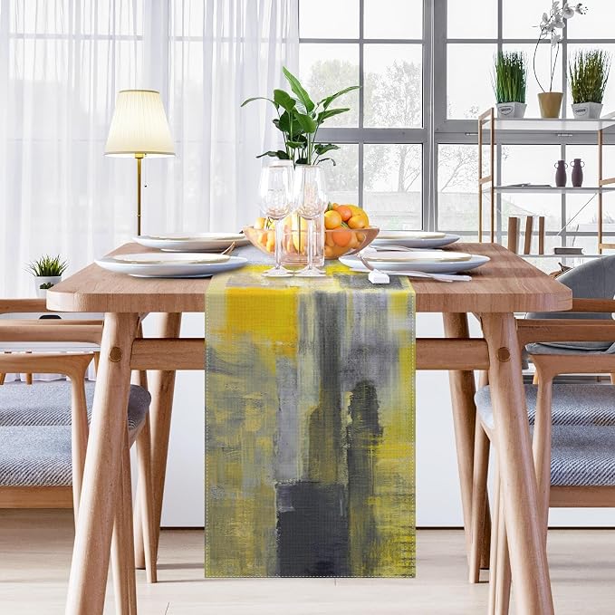 Emvency Modern Table Runner, Yellow and Grey Abstract Art Painting for Kitchen Coffee Table Family Dinners Holiday Parties Wedding Events Decor(13x72 inch)