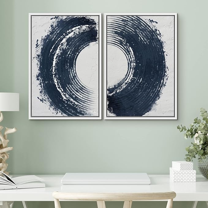 SIGNWIN Framed Canvas Print Wall Art Set Black Gray Pastel Paint Stroke Spiral Ring Abstract Shapes Illustrations Modern Minimal Decorative for Living Room, Bedroom, Office - 16"x24"x2 White