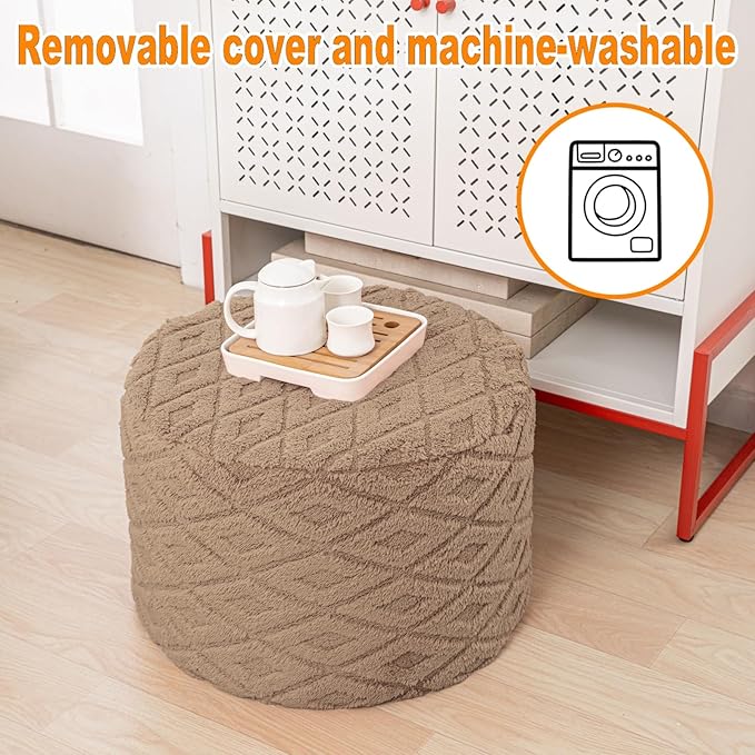 Fluffy Round Ottoman Pouf with All-in-One Foam Filling 20" x 14" Furry Ottoman Foot Rest Foot Stool for Living Room or Bedroom (Light Coffee)