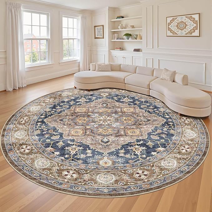 Round Rug Living Room Rugs: 7x7 Washable Boho Neutral Large Circle Soft Indoor Floral Stain Resistant Floor Farmhouse Carpet for Bedroom Nursery Kids Playroom Office Dining Room Dorm- Yellow Blue