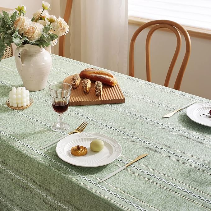 Chassic Rectangle Tablecloth 54 x 72 Inch, Farmhouse Boho Linen Table Cloths, Wrinkle Free & Washable Tablecloths for Small Dining Tables, Spring Kitchen Decor – Hemstitch Sage Green