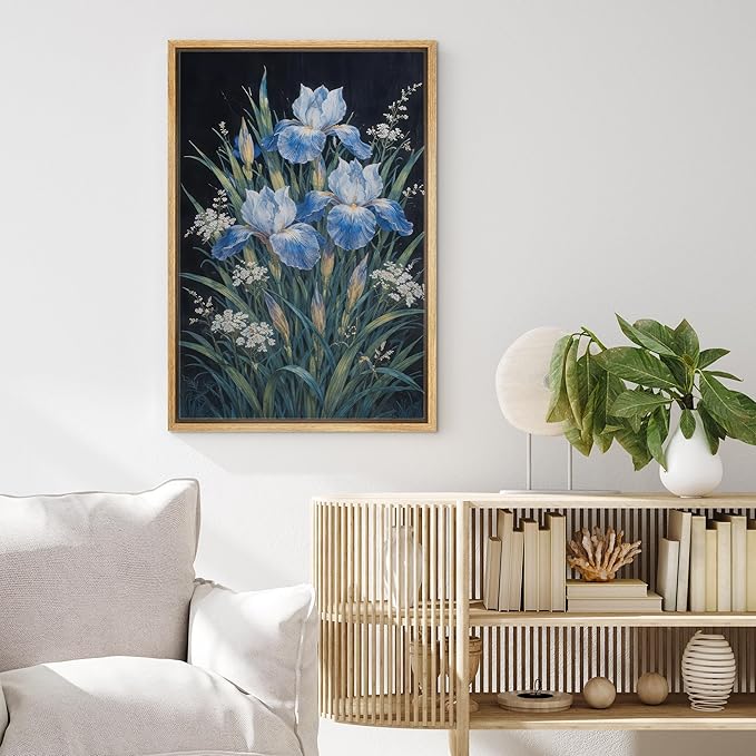 MUDECOR Framed Canvas Print Wall Art Blue Iris Botanical Floral Illustrations Minimalism Decorative Bohemian Zen for Living Room, Bedroom, Office - 16"x24" NATURAL