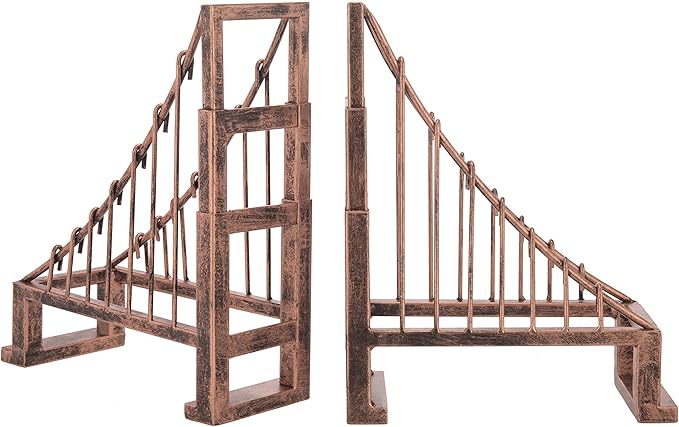 MyGift Decorative Bookends for Heavy Books, Vintage Bronze Metal Suspension Bridge Design Book End Shelf Decor, Architect Book Stopper Holder Stand, Home Office Decor, 1-Pair