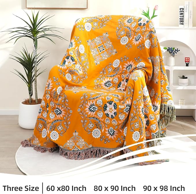 VANJOROY Boho Throw Blanket, 100% Cotton Soft Sofa Bed Throw-Floral Farmhouse Decor Blanket, Reversible Bohemian Throw for Chair Couch Quilt and Gift, 60" x 80"-Yellow