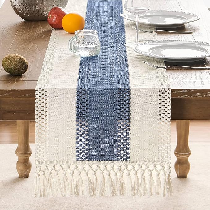 ZeeMart Macrame Style Bicolor Stitching Table Runner, 14 x 36 Inch Blue/Ivory, Boho Blue Table Runners 36 Inches Long, Farmhouse Woven Home Decor