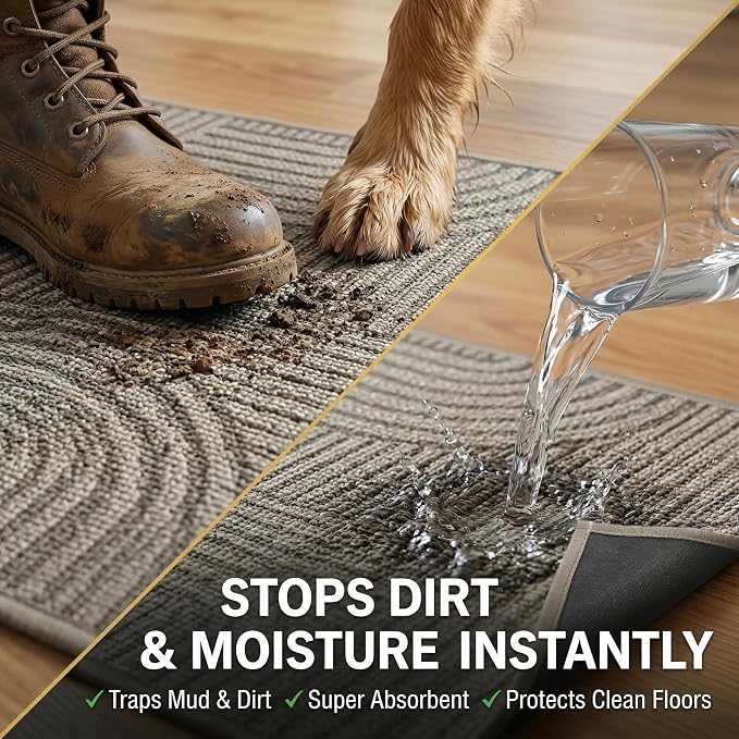 0.16" Ultra Thin Indoor Doormat,Front Door Mat 17x30,Brown | Washable Dirt Trapper Entryway Rug,Non Slip Rubber Backing Shoe Scraper for Inside House,Muddy Dog Paws,Brown
