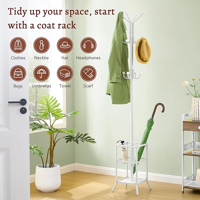 FAVOOSTY Coat Rack Freestanding,Coat Rack Stand with Umbrella Holder,Metal Coat Tree with 12 Hooks,Tree Clothes Hat for Entryway, Hallway, Bedroom, Living Room & Office -White
