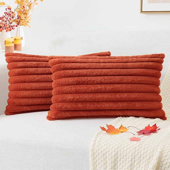 Pallene Faux Fur Plush Fall Throw Pillow Covers 12x20 Set of 2, Luxury Soft Fluffy Striped Decorative Pillow Covers for Sofa, Couch, Living Room, Rust