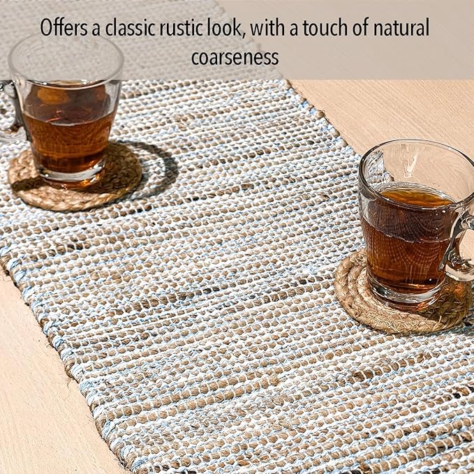 Chardin home Natural Jute Table Runner 13x90 Inch – Vintage Boho Rustic Table Decor – Handwoven Table Runner in Natural Jute and Sky Blue-White – Farmhouse Dining or Console Table Accent