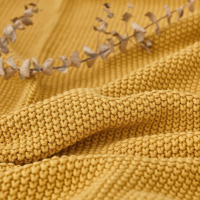 Longhui bedding Mustard Yellow Cotton Cable Knit Throw Blanket for Couch Sofa Bed, Home Decorative Lightweight Knitted Blankets with Bonus Laundering Bag, 50“ x 60”, Machine Washable