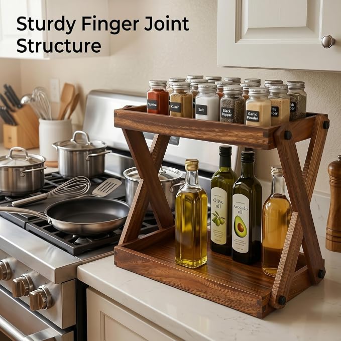 Wood Countertop Organizer, 2 Tier Wooden Shelf for Coffee Bar Accessories, Kitchen Spice Rack Organizer, Condiment Storage Caddy for Home, Office, Bathroom