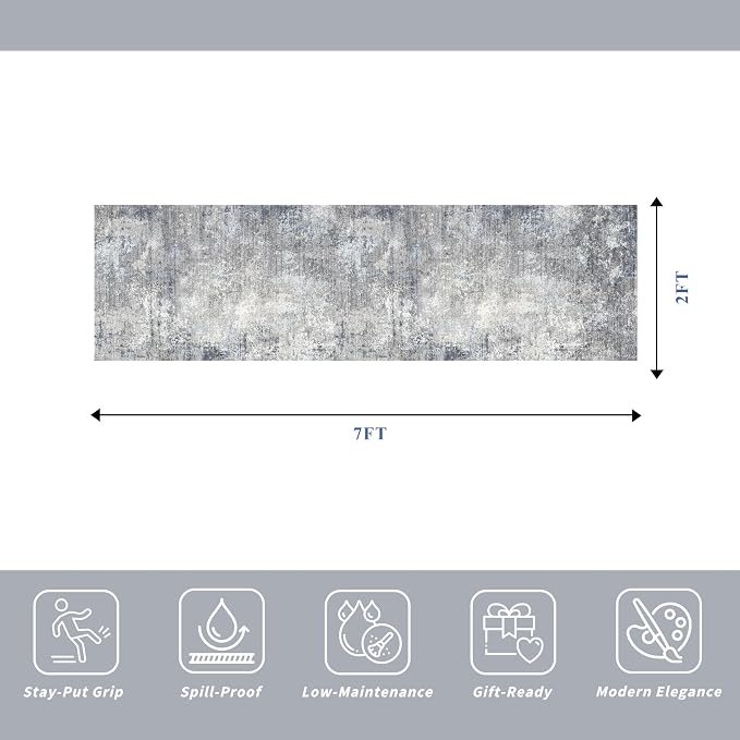 2x7 ft Hallway Runner Rug – Washable Non-Skid Soft Carpet for Kitchen Bathroom Hall Bedroom – Modern Abstract Neutral Low-Pile Thin Indoor Area Rug with Rubber Backing (Blue Grey,2x7)