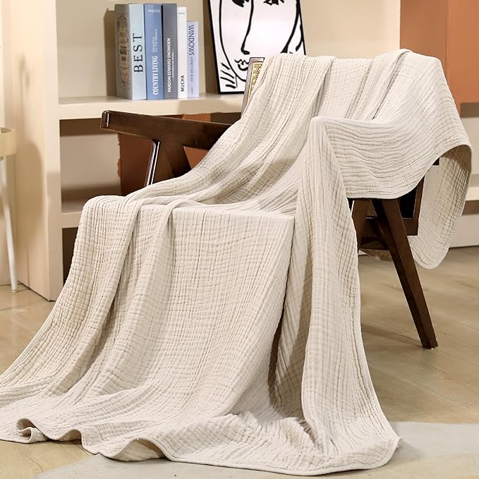Yoofoss Muslin Blanket 100% Organic Cotton Large Twin Size 60" x 80" for Bed Couch Summer Gauze Blanket for Adults Lightweight and Breathable Apricot White