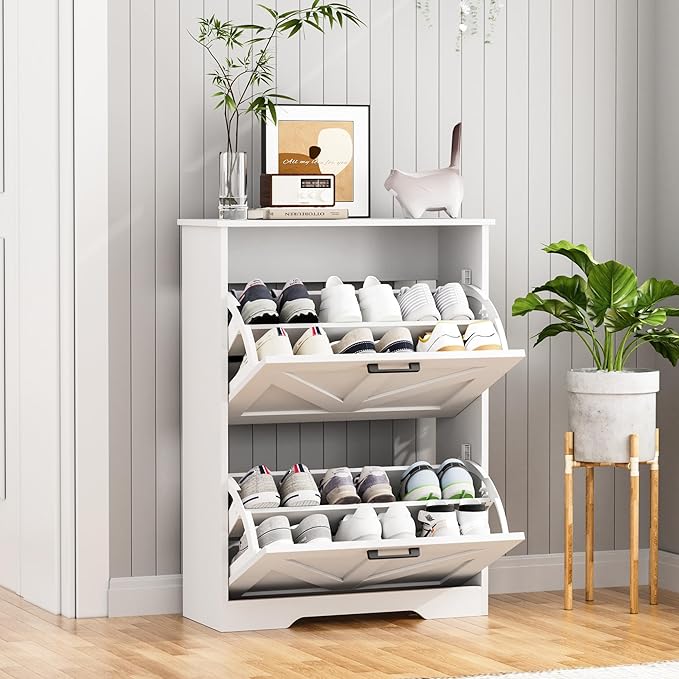 Homleke Farmhouse Shoe Cabinet for Entryway with Barn-Style Flip Drawers, Narrow Shoe Storage Organizer with Top Display Shelf, Adjustable Shelves, Shoe Rack for Hallway, Closet- (White, 24")