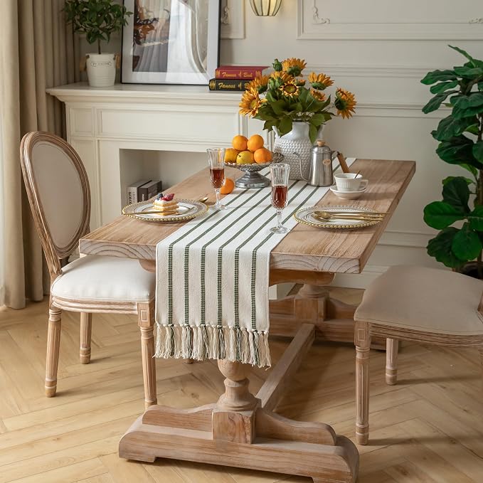 Caflife Boho Table Runner 72 Inchs Long Green and Beige, Cotton and Linen Woven with Tassels, for Modern Rustic Farmhouse Neutral Table Runners, Bohemian Kitchen Dining Table Home Decor
