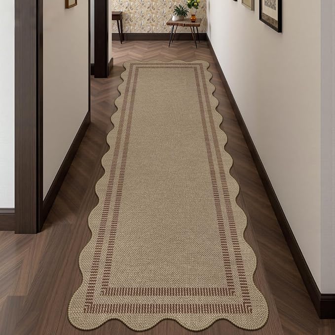 Scalloped Easy Jute 2.6x8 Kitchen Runner Rug, Washable Rugs for Entryway Non Slip Outdoor Indoor Long Rug, Farmhouse Morden Carpet for Hallway Bedroom