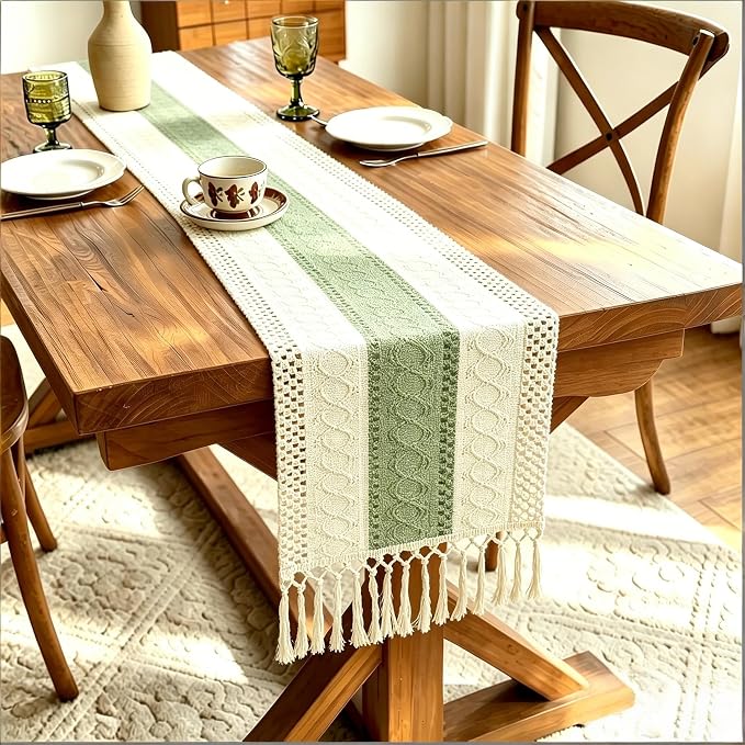Boho Table Runner for Home Decor with Tassels 72 Inches Long , Farmhouse Rustic Green Table Runners for Bohemian Kitchen Dining Table(12x72in)
