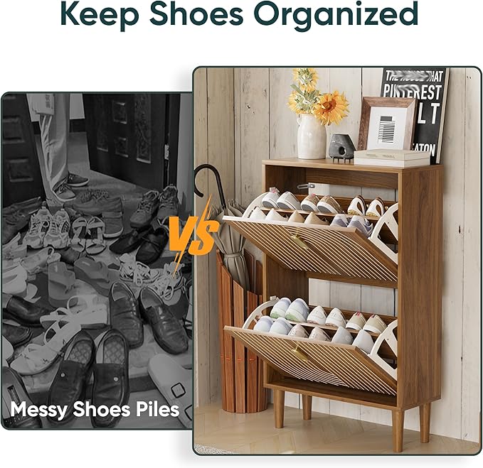 Shoe Storage Cabinet with 2 Flip Drawers, 23.6"(W) Freestanding Shoe Organizer with Metal Handles for Entryway, Narrow Shoe Rack Cabinet