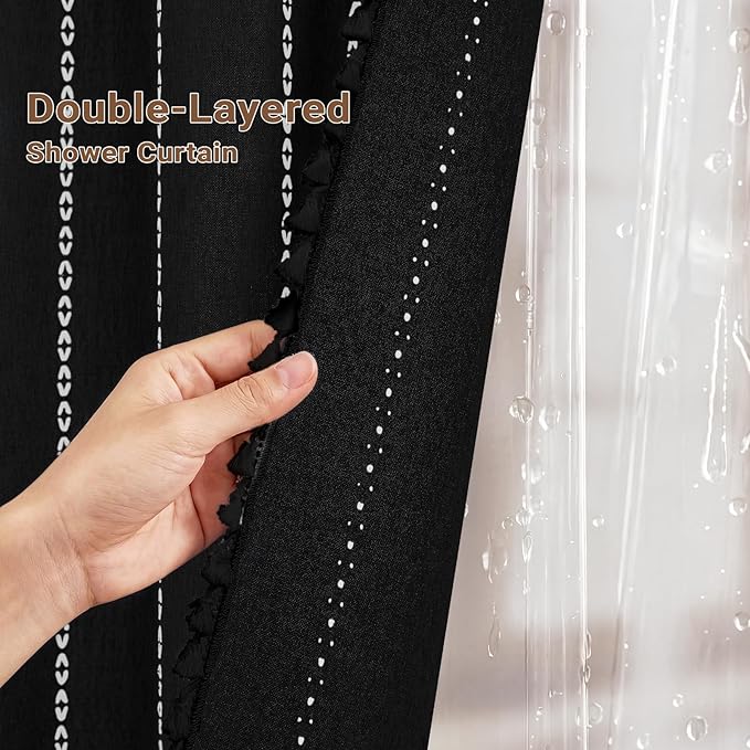 BTTN 3 in 1 Shower Curtain with Liner, Black and White Boho Linen Striped Cloth Shower Curtain Set with Plastic Hook, Farmhouse Bohemian Country Waterproof Fabric Shower Curtain for Bathroom, 72x72