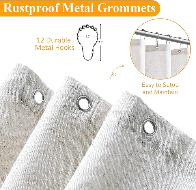 Naturoom Beige White Extra Long Linen Shower Curtain, Country Boho Farmhouse Bath Decor Shower Curtains Neutral Cloth Weighted Textured Fabric Bath Curtain Liner with Hooks, 72x90
