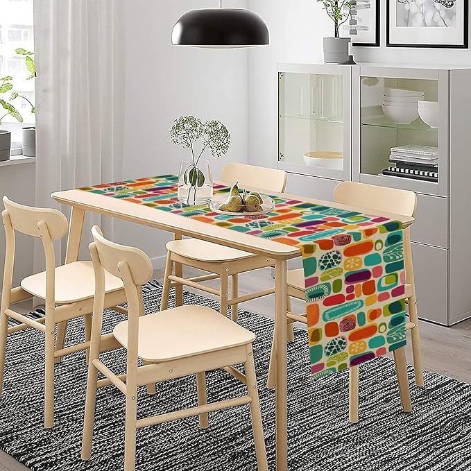 Mid Century Geometry Table Runner Colorful Rectangle Bohemia Abstract Geometry Pattern for Home Kitchen Table Decor Dining Coffee Room Party Decor 13x36in
