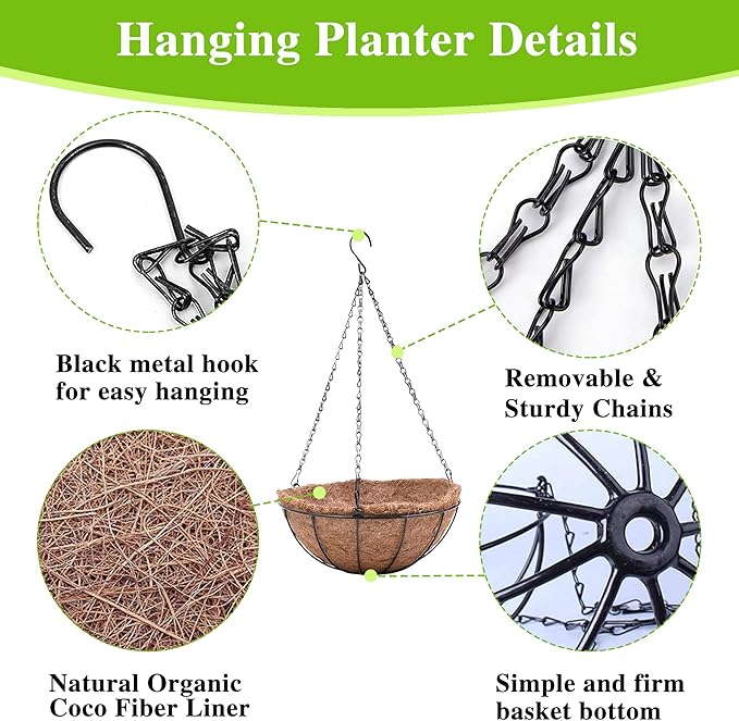 EIMQUVW Metal Hanging Planters Basket Set of 4 Hanging Flower Pots 10 Inch Chain Round Wire Plant Holder with Coco Coir Liner Garden Watering Hanging Baskets for Patio Garden Outdoor1