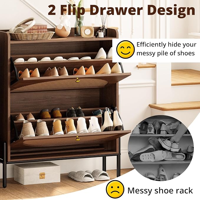IRONCK Shoe Cabinet Storage with 2 Flip Drawers, Free Standing Wooden Shoe Storage Organizer Cabinet with Rattan Doors for Entryway, Narrow Shoe Rack Cabinet, Walnut