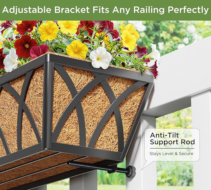 30 Inch 6 Pack Railing Planter with Adjustable Brackets, Window Box with Coco Liner, Hanging Metal Flower Box for Balcony Deck Fence Porch, Black