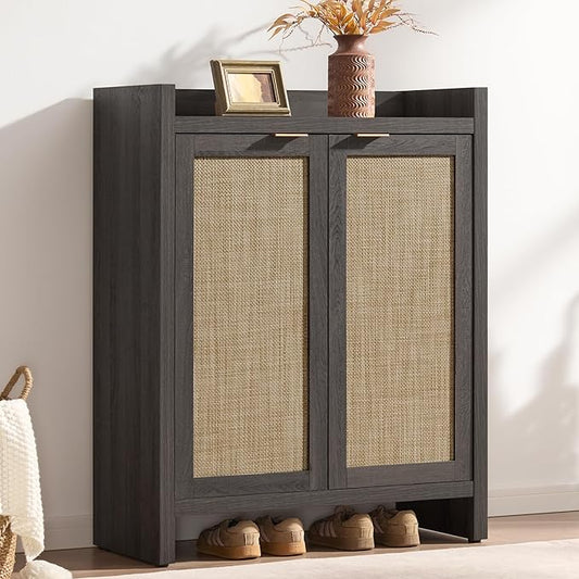 SICOTAS 41" Tall Shoe Cabinet, 24 Pair Shoe Storage Cabinet with Doors and 6-Tier Shelves, Rattan Shoe Cabinet Storage for Entryway, Farmhouse Boho Wooden Cabinet for Hallway, Black Oak