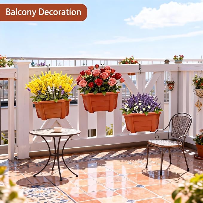 summer flower 3 Pack Hanging Planters for Railing, 9.84 Inch Plastic Window Box with Drain Hole Plug, Indoor Outdoor Flower Pots for Balcony Fence Garden Decor (Red)