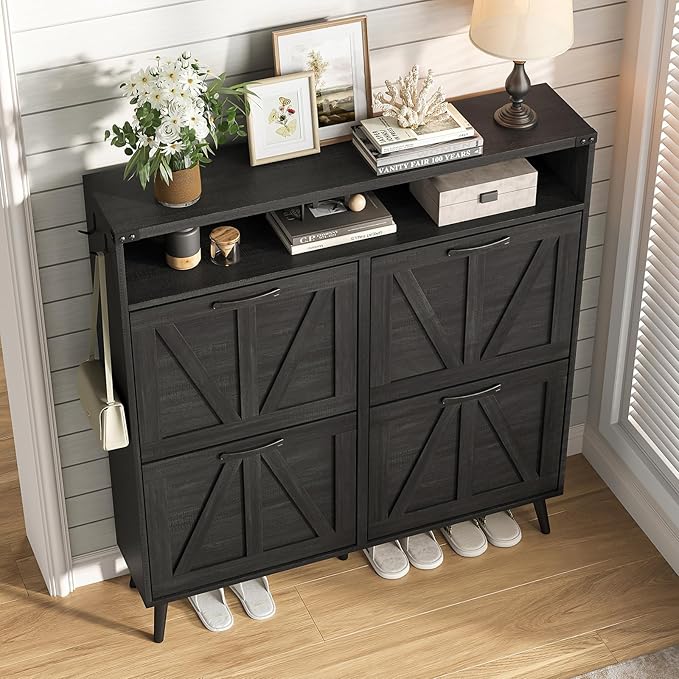 Vabches Shoe Cabinet with 4 Flip Drawers,Narrow Shoe Storage Cabinet for Entryway,Farmhouse Freestanding Shoe Organizer Rack for Hallway,Black