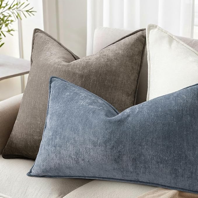 decorUhome Summer Couch Euro Sham Throw Pillow Covers 24x24 Set of 2, Decorative Soft Velvet Modern Cozy Chenille Pillow Cases with Elegant Design for Sofa Bed Living Room Home Decor, Dark Grey