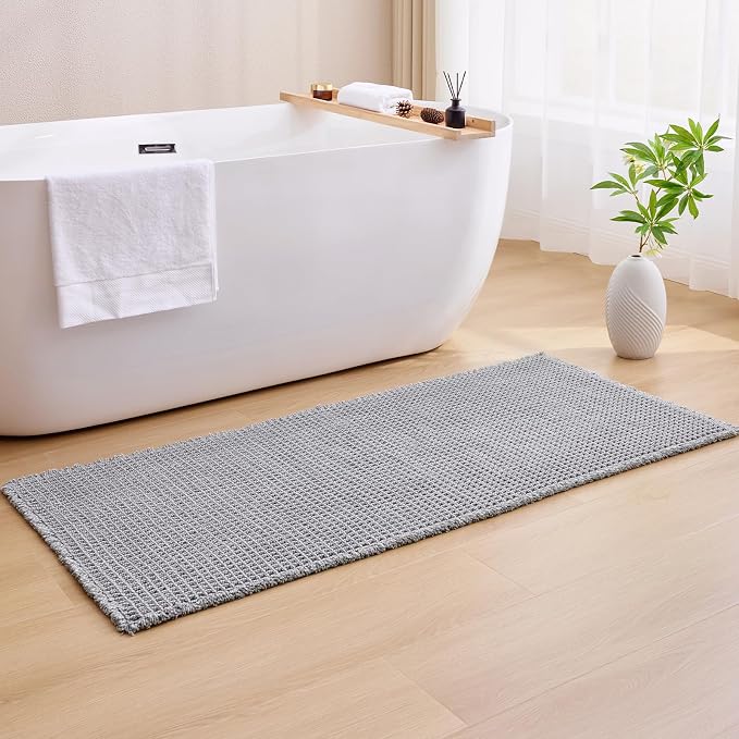 ILANGO Upgraded Waffle Bath Mat,Super Absorbent Boho Non Slip Bathroom Rugs Quick Dry,Ultra Soft Machine Washable Mats with Tassels for Floor,16x24,Dark Grey