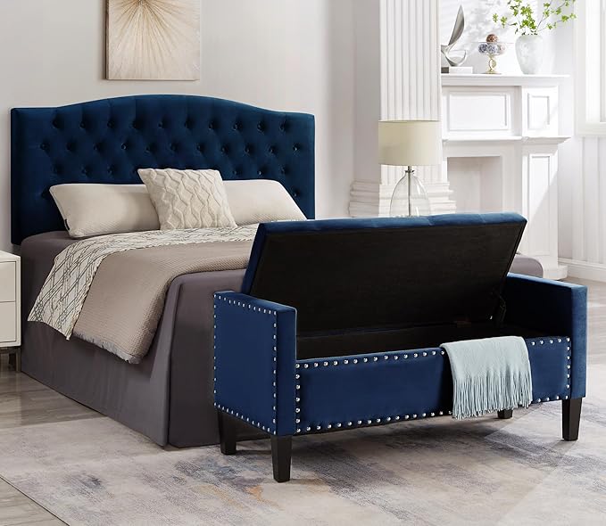 Velvet Modern Upholstered Storage Ottoman Bench with Arms, 48" End of Bed Bench for Entryway, Bedroom, Living Room, Navy