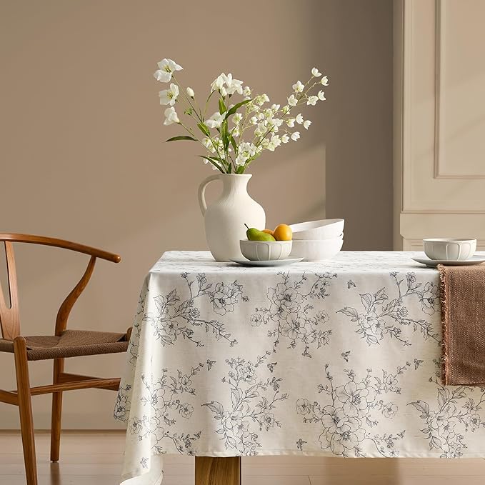 Rustic Linen Table Cloth Rectangle Tables Farmhouse Vintage French Floral Tablecloth with Gray Flowers Pattern Burlap Textured Outdoor Table Cover for Picnic,Dining,Party,Home Decor 55x102 Inch