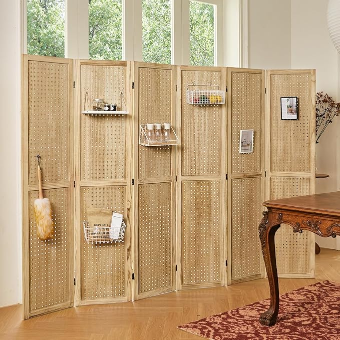 Pegboard Display, 5.6Ft Portable Freestanding Wall Organizer Wooden Room Divider Folding Privacy Screens for Craft Art Display Board (6 Panels, Natural)