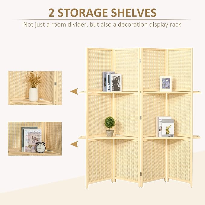4-Panel Folding Room Divider with Shelves, 6 Ft Freestanding Bamboo Privacy Screen Panel with Storage Shelves for Bedroom or Office, Natural