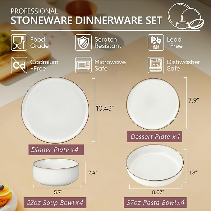 Herogo 16-Piece Dinnerware Set for 4, Ceramic Plates & Bowls Sets with Pasta Bowls, Double Reactive Glaze, Microwave & Dishwasher Safe, Chip Resistant, Ivory White