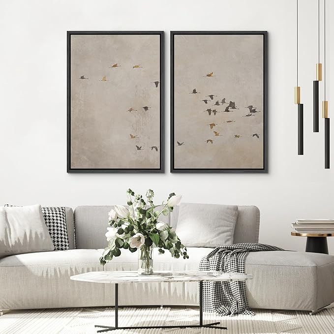 SIGNWIN Framed Canvas Print Wall Art Set Flying Birds Silhouette Minimalist Beige Illustrations Modern Minimal Decorative for Living Room, Bedroom, Office - 16"x24"x2 Black