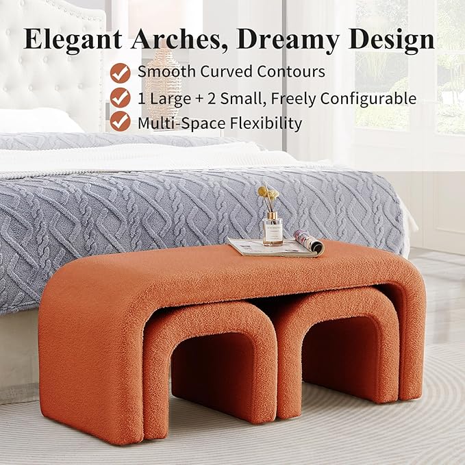 3-Piece Modern Ottoman Bench Set, 44" Wide Teddy Upholstered End of Bed Bench with 2 Foot Stools, Padded U-Shaped Entry Bench Vanity Stool for Living Room Bedroom (Orange)