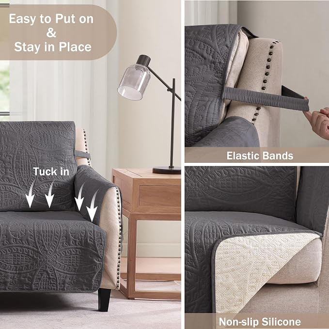 Soft Gray Loveseat Covers for 2 Cushion Couch, Water-Repellent Slip Covers for Sofa, Machine Washable Love Seat Quilted Couch Covers, Pet Friendly Loveseat Slipcovers (Loveseat 56", Gray)
