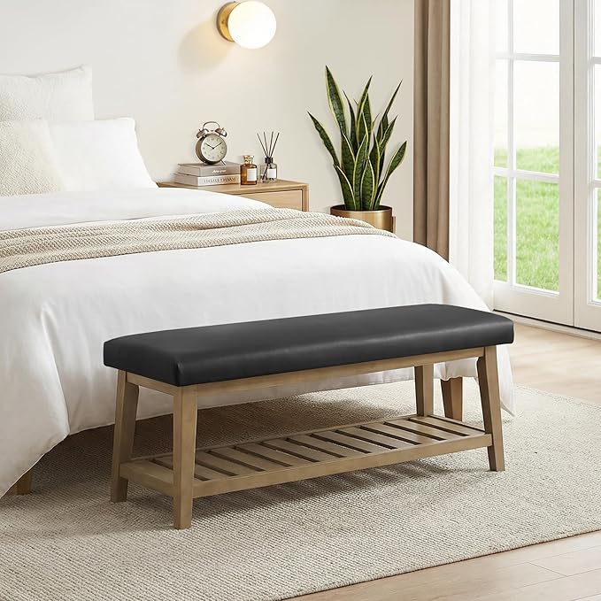 Entryway Bench with Cushion, Upholstered Shoe Rack Bench with Solid Wood Shelf, 44" End of Bed Bench for Bedroom, Chenille Fabric Storage Bench for Entryway, Hallway, Living Room (PU-Black)