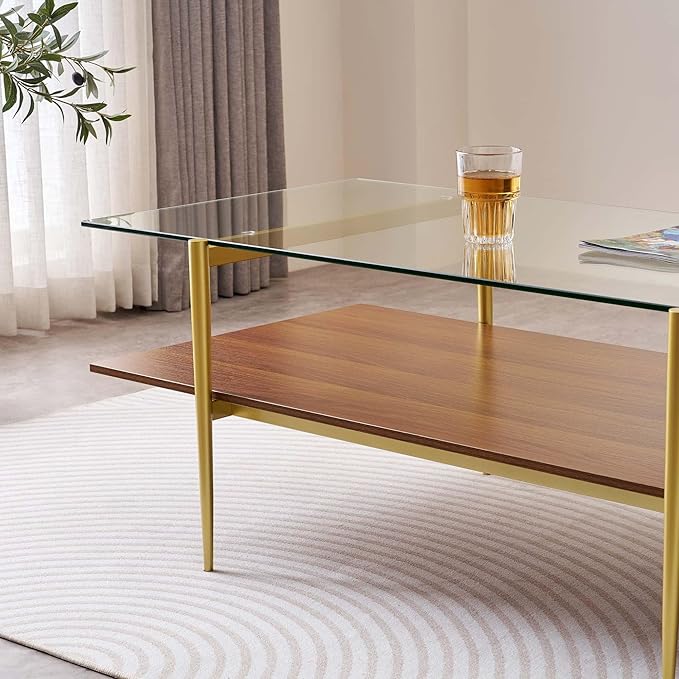 LumFurn X-Large Rectangle Glass Coffee Table, Mid-Century Modern Design for Living Room, L47xW24xH17 inch, 2-Tier Structure, Clear Glass Top and Walnut MDF Shelf, Conical Metal Legs with Gold Finish