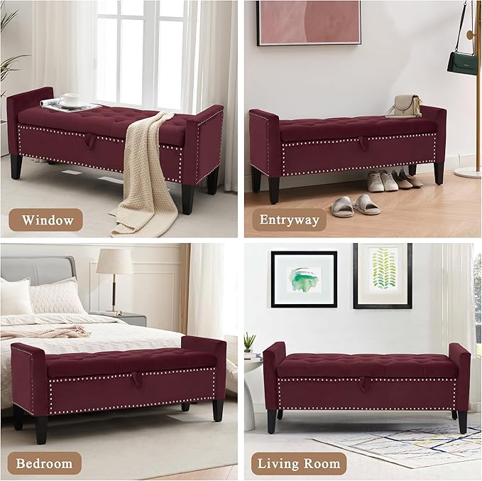 Velvet Ottoman with Storage, 46'' Upholstered Button Tufted End of Bed Bench with Arms, Modern Storage Bench for Living Room, Bedroom, Entryway, Purple